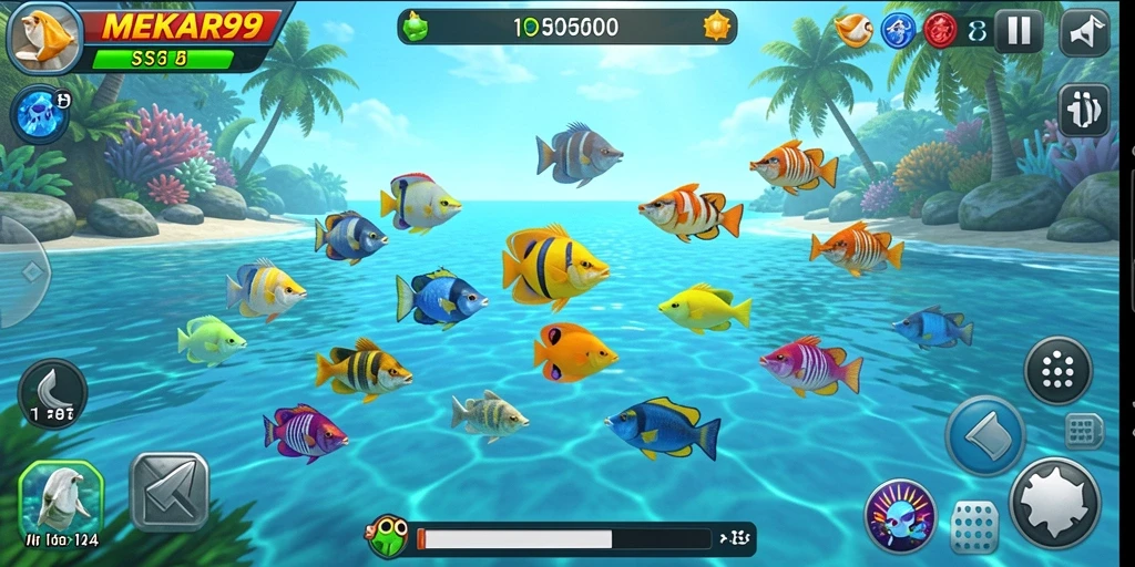 Tampilan gameplay seru dengan ikan berwarna-warni.