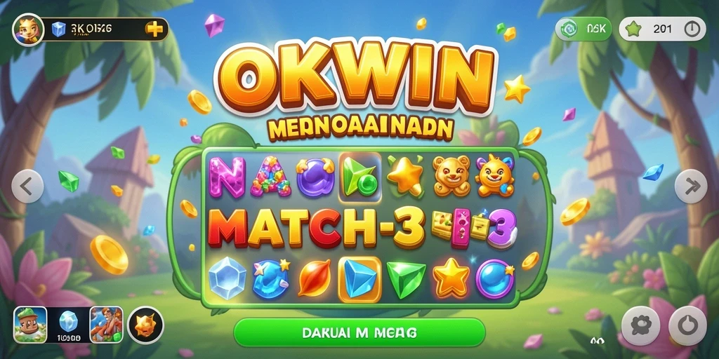 Tampilan gameplay seru OKWIN dengan animasi Match-3 yang menarik.